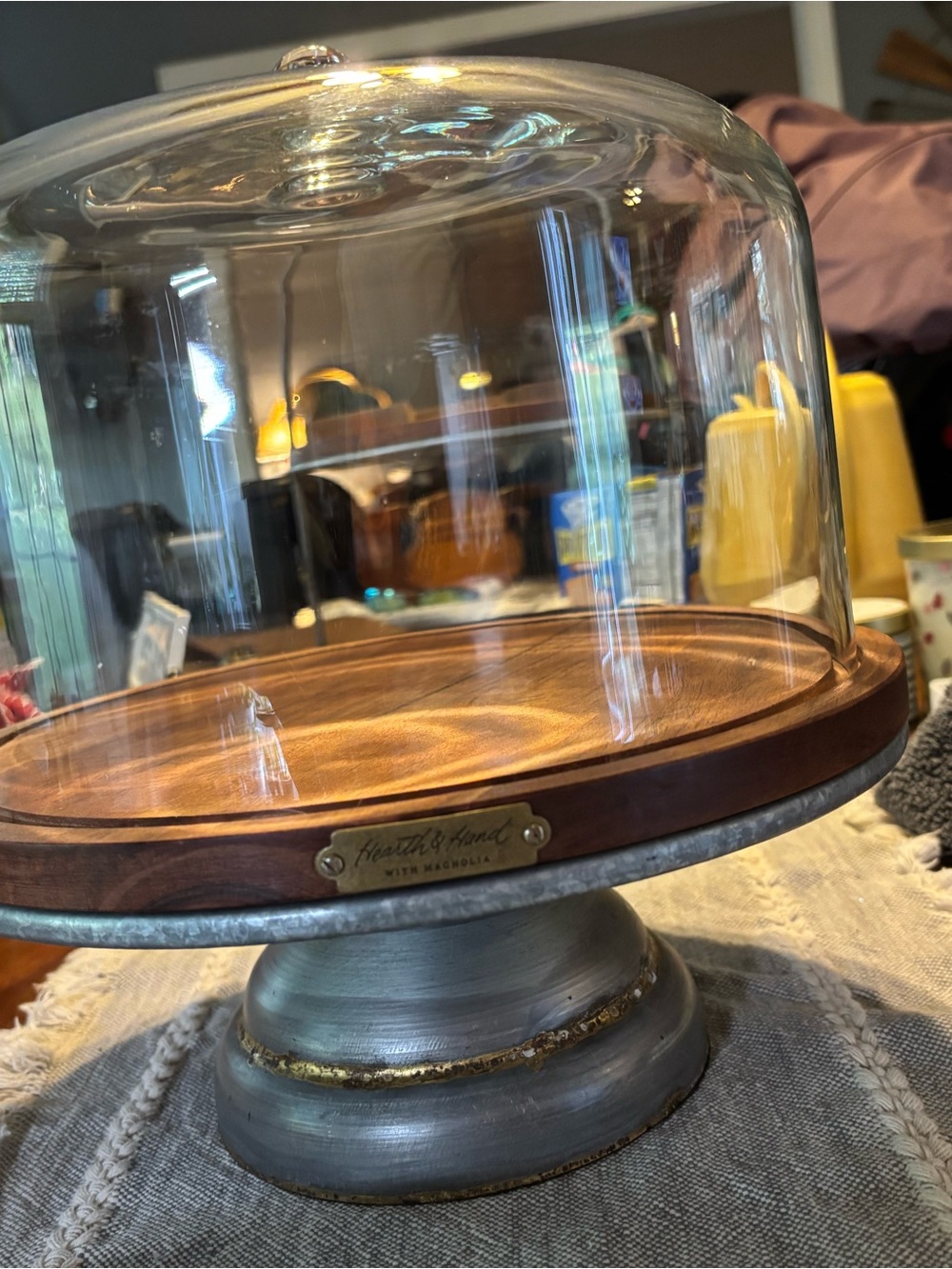 Hearth & Hand Glass Dome Cake Stand with Wood Base and Gray Pedestal